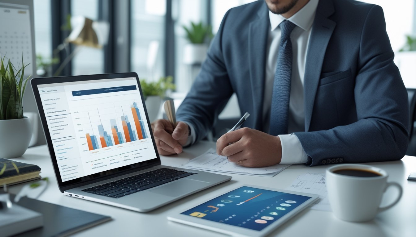 Seorang profesional bisnis sedang menganalisis data keuangan di meja kerjanya dengan perangkat digital di kantor modern.