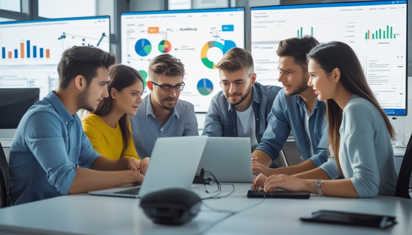 Sekelompok orang muda bekerja sama di kantor modern untuk menyelesaikan masalah pendaftaran akun secara online.