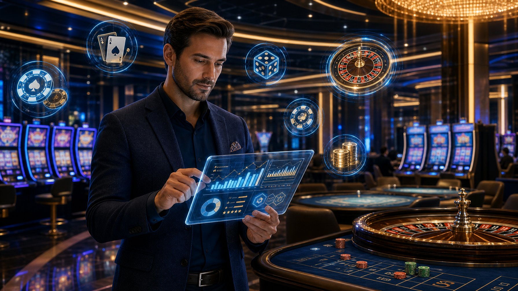A Person Reviewing Casino Game Data On A Digital Tablet In A Modern Casino With Slot Machines And Gaming Tables Around.