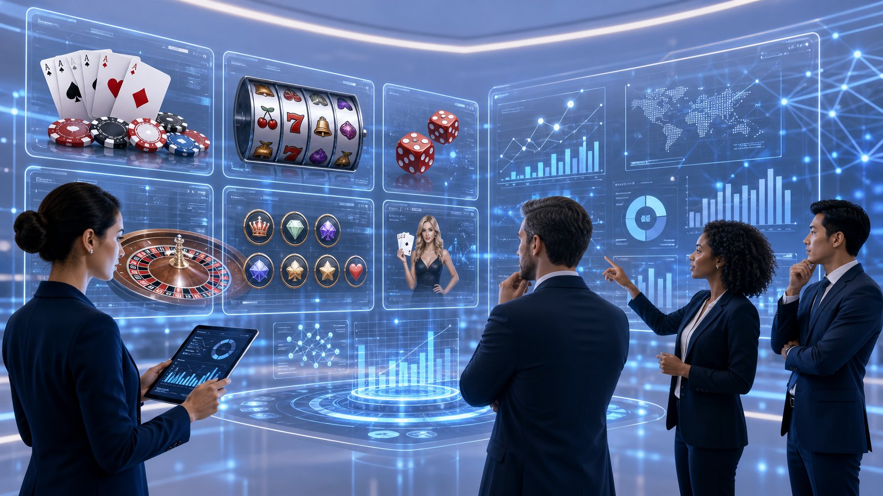 A Modern Digital Casino Environment With Professionals Reviewing Casino Game Data On Floating Transparent Screens, Featuring Icons Of Cards, Slot Reels, And Dice.