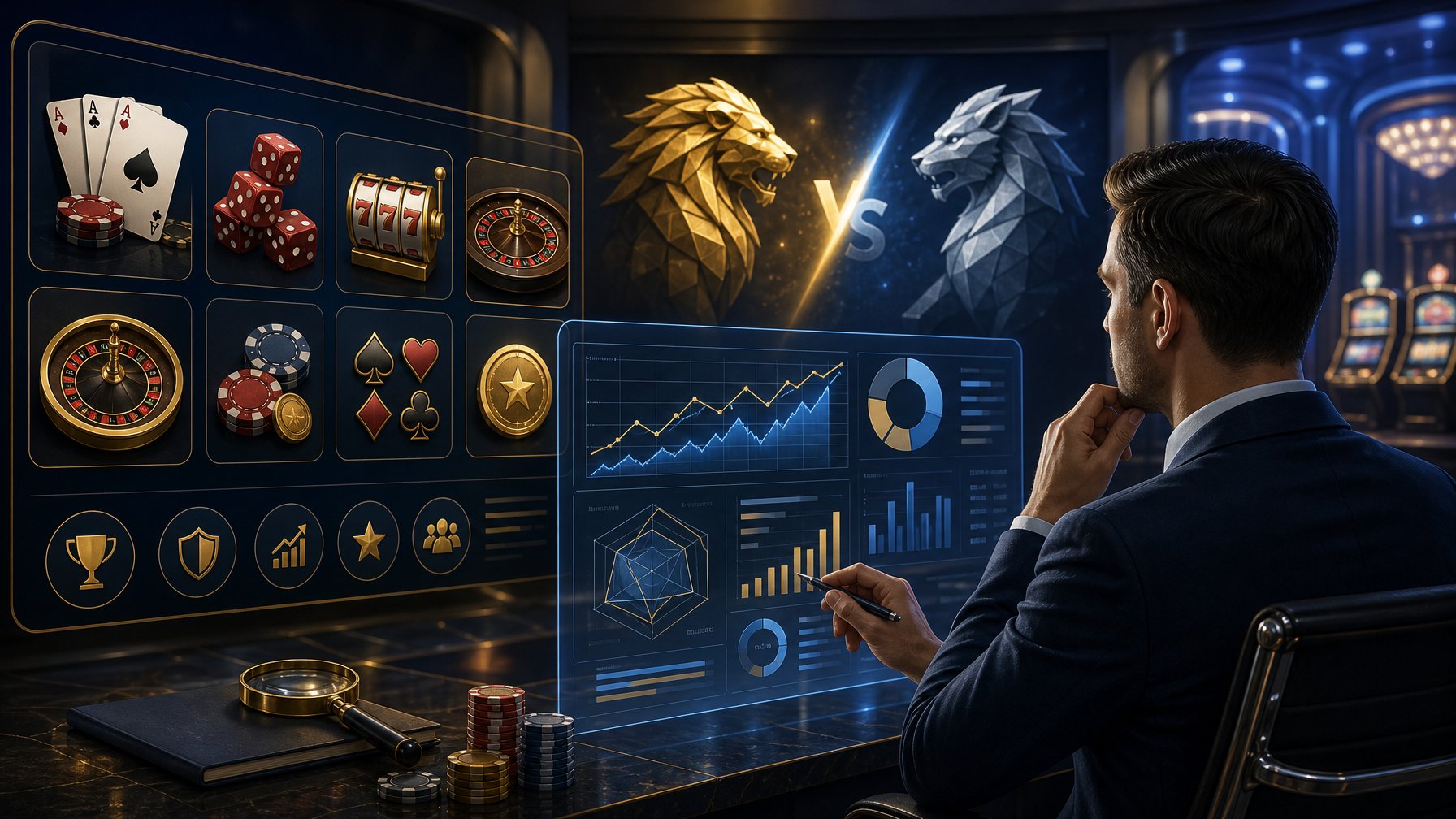 A Business Analyst Reviewing Casino Game Icons And Data Charts On A Digital Dashboard, With Two Game Provider Logos Facing Each Other In The Background.