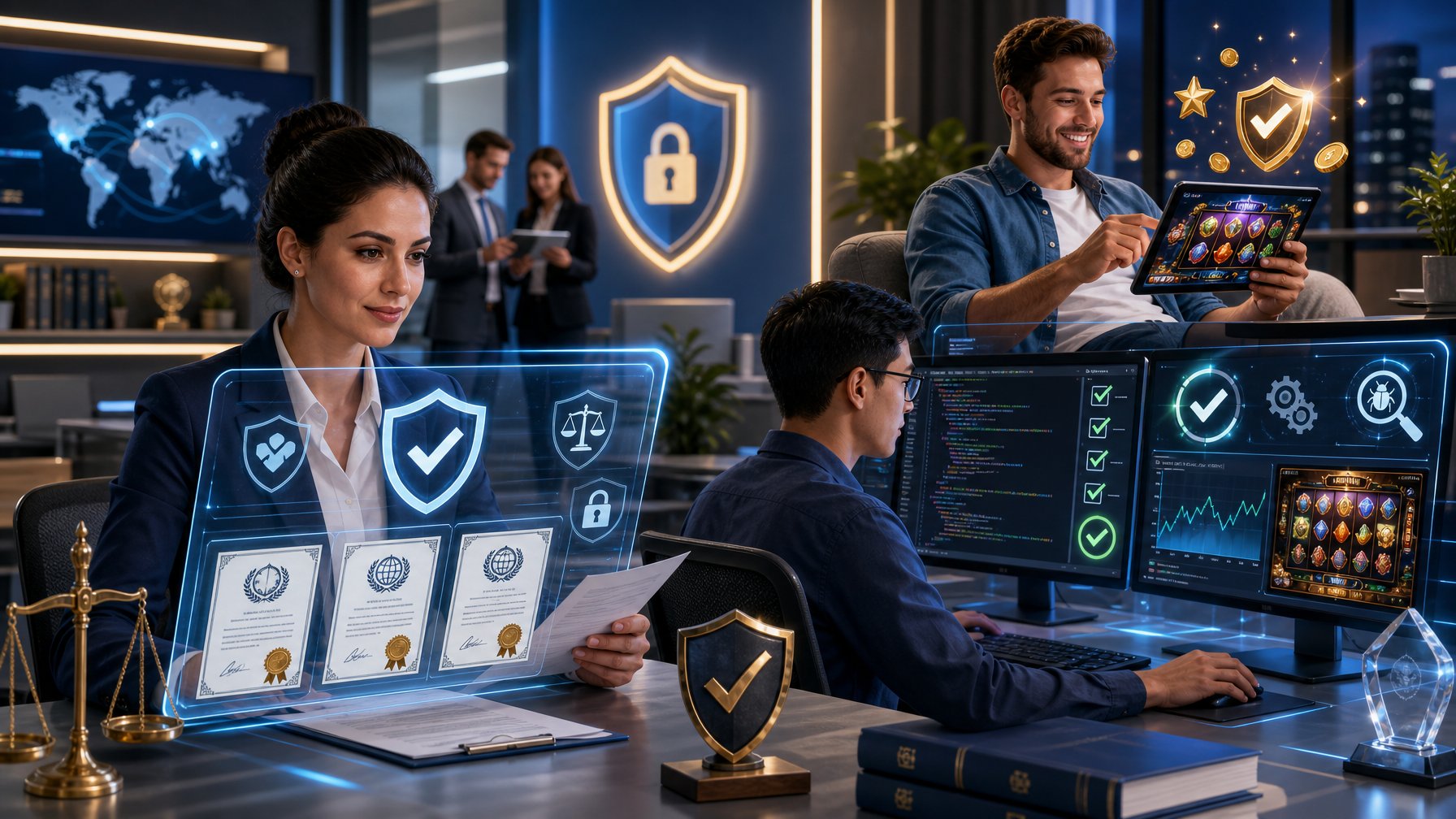 A Group Of Professionals In An Office Reviewing Documents And Testing Casino Games While A Player Interacts With A Game On A Tablet, Symbolizing Licensing, Testing, And Player Trust.