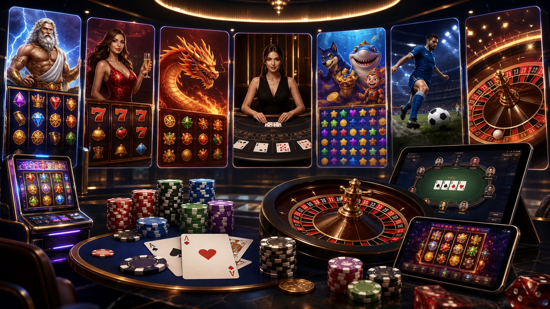 A Scene Showing A Variety Of Casino Games Including Slot Machines, Poker Chips, Playing Cards, And Roulette Wheels Arranged To Represent A Diverse Collection Of Gaming Options.