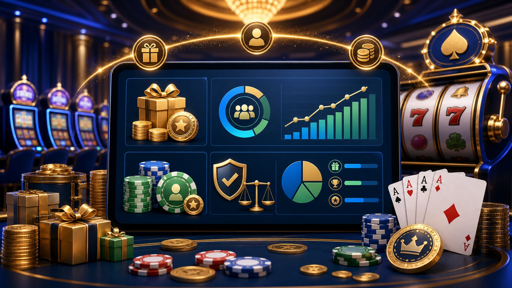 A Casino Scene Showing Slot Machines, Playing Cards, Poker Chips, And A Digital Dashboard With Charts And Icons Representing Bonuses, Terms, And Player Rewards.