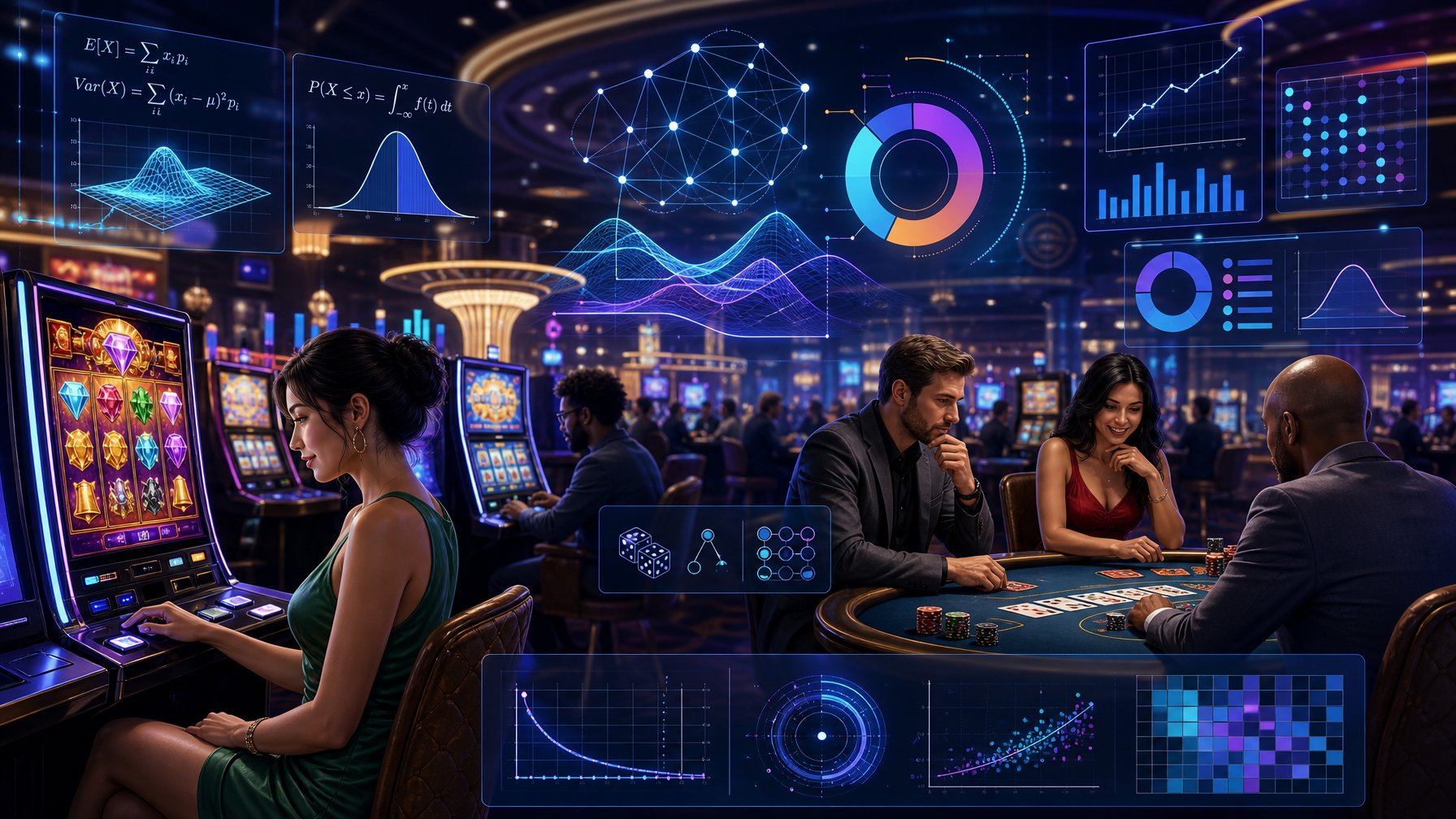 A Modern Casino Scene Showing Players Engaged With Slot Machines And Card Games, Surrounded By Digital Charts And Data Visualizations Representing Math Models And Game Statistics.