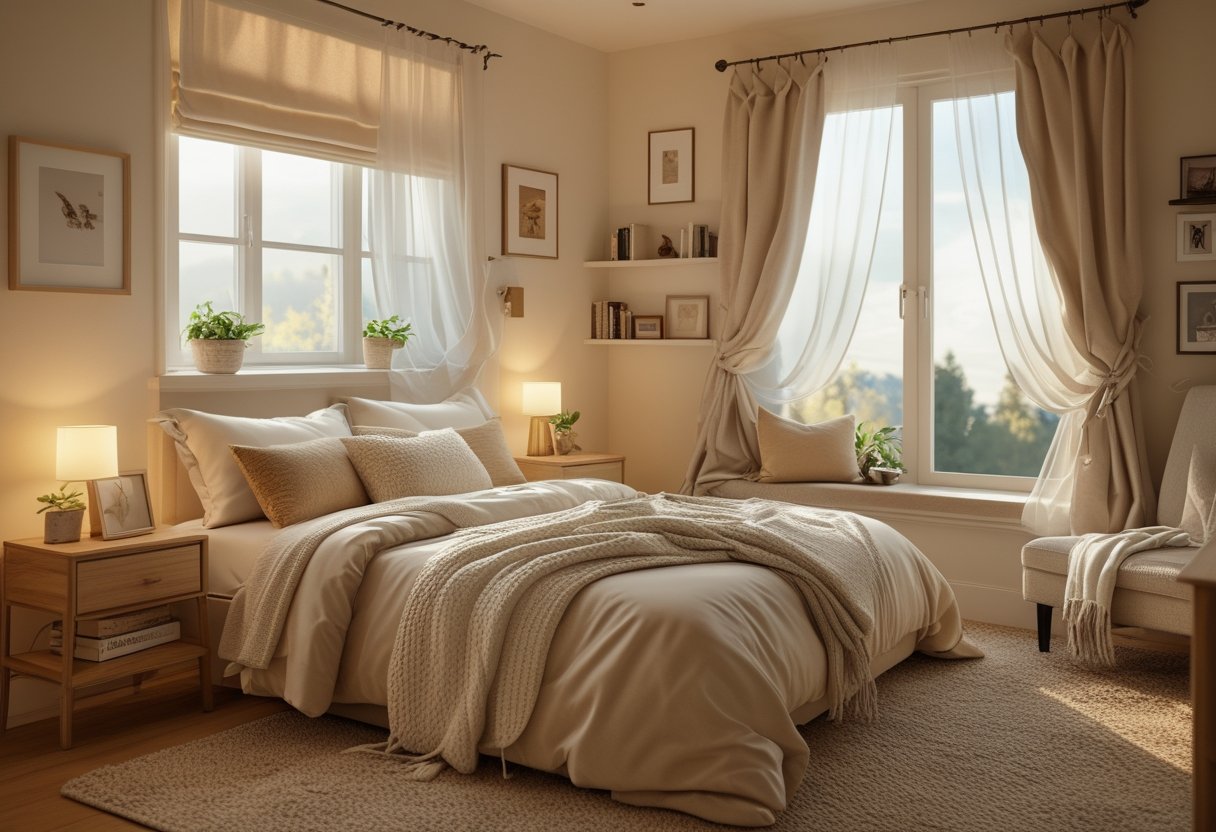 Cozy Bedroom Ideas 2026: Simple Ways To Make Your Space Feel Warm And Inviting 14 A cozy bedroom with a neatly made bed, soft pillows, a nightstand with a lamp and plant, a reading nook with an armchair, and natural light coming through sheer curtains.