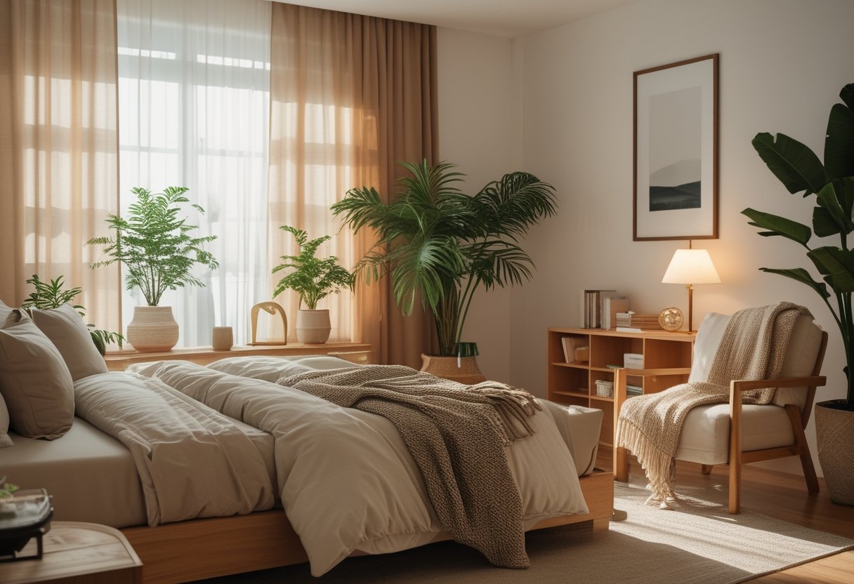 Cozy Bedroom Ideas 2026: Simple Ways To Make Your Space Feel Warm And Inviting 15 A cozy bedroom with a plush bed, wooden furniture, plants, and soft natural light coming through large windows.