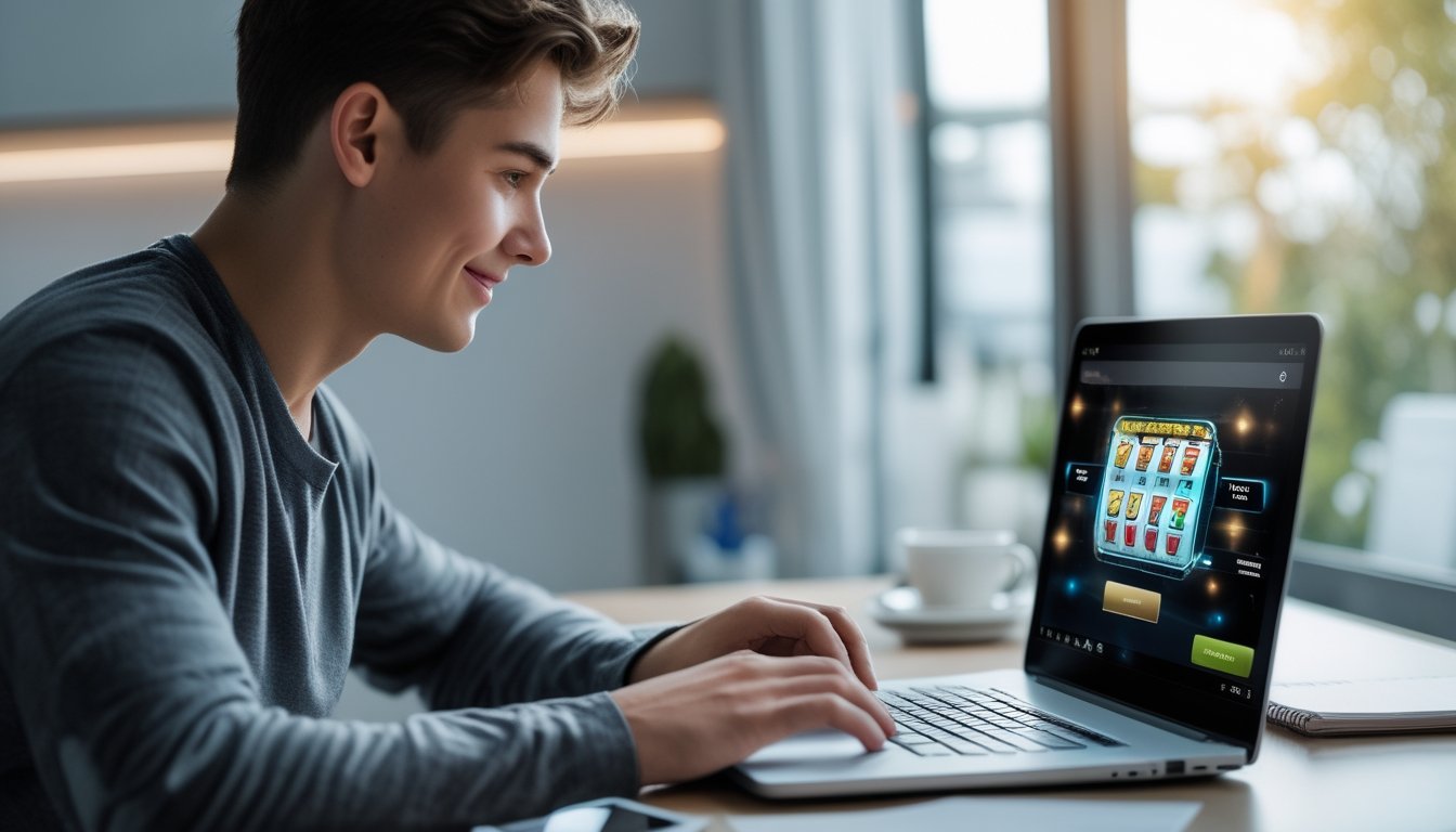 Seseorang menggunakan laptop di meja dengan suasana terang dan rapi, terlihat fokus dan puas saat bermain slot online.