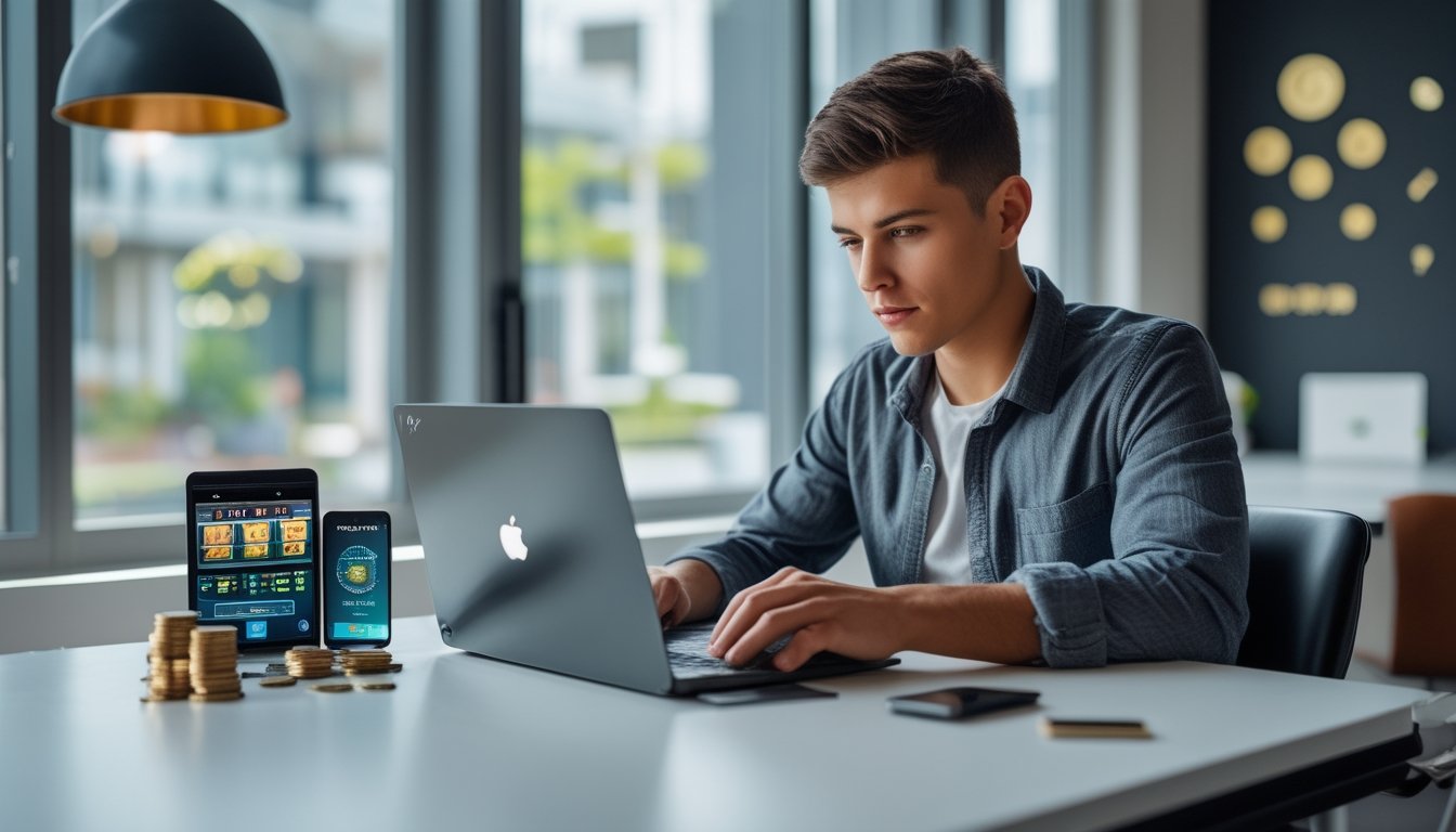 Seseorang duduk di meja kerja menggunakan laptop dengan ponsel dan kartu kredit di dekatnya, menunjukkan aktivitas terkait permainan slot online dan transaksi cepat.