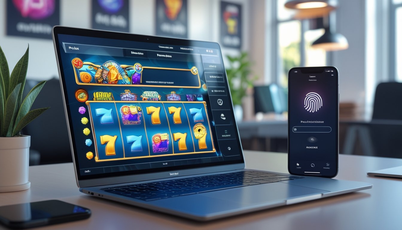 Sebuah ruang kerja modern dengan laptop yang menampilkan permainan mesin slot digital dan ponsel dengan layar login aman, di dalam kantor yang terang dan rapi.