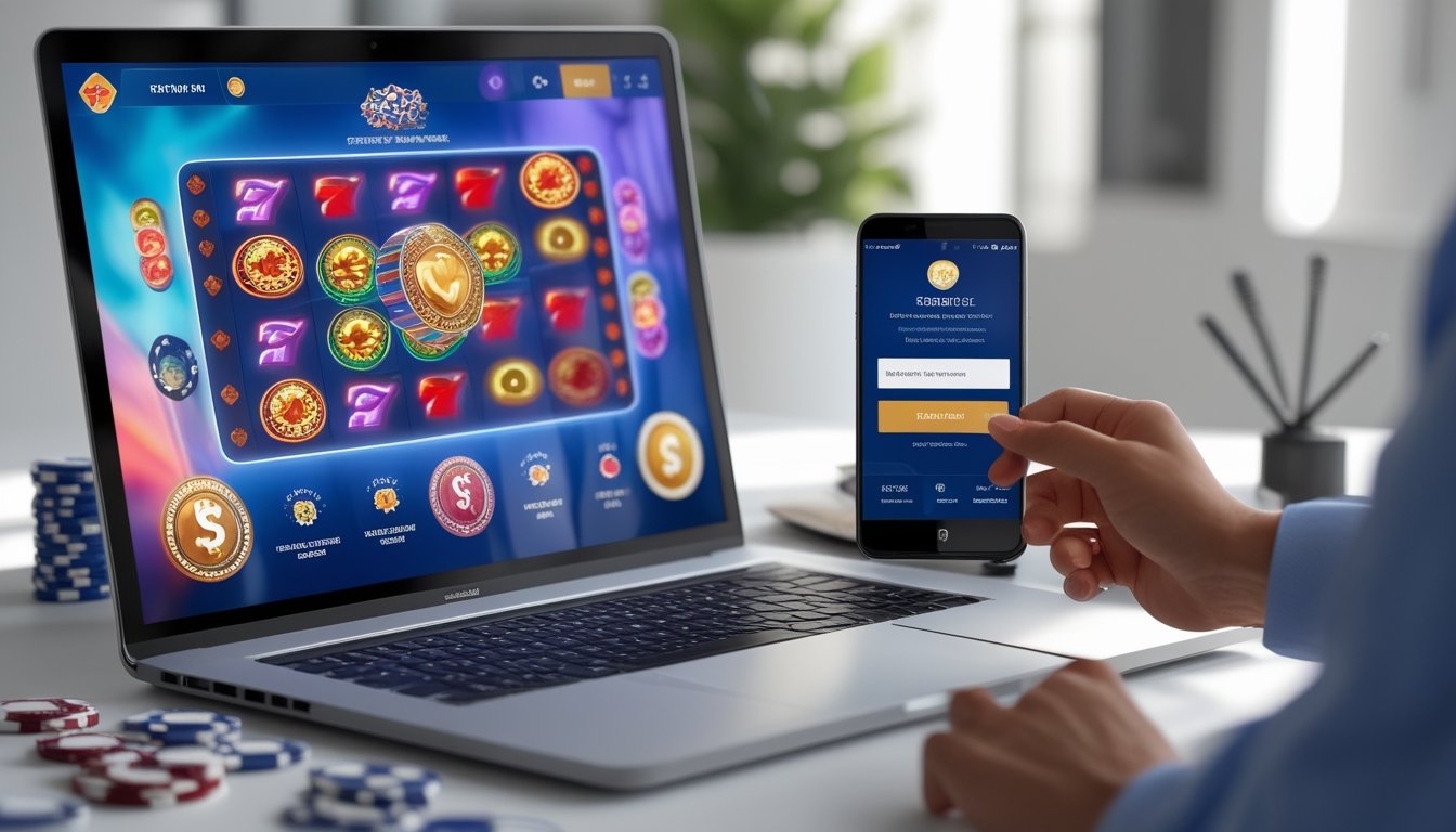 Seorang pengguna duduk di depan laptop dan ponsel pintar dengan tampilan permainan slot online dan halaman login akun di meja kantor yang rapi.