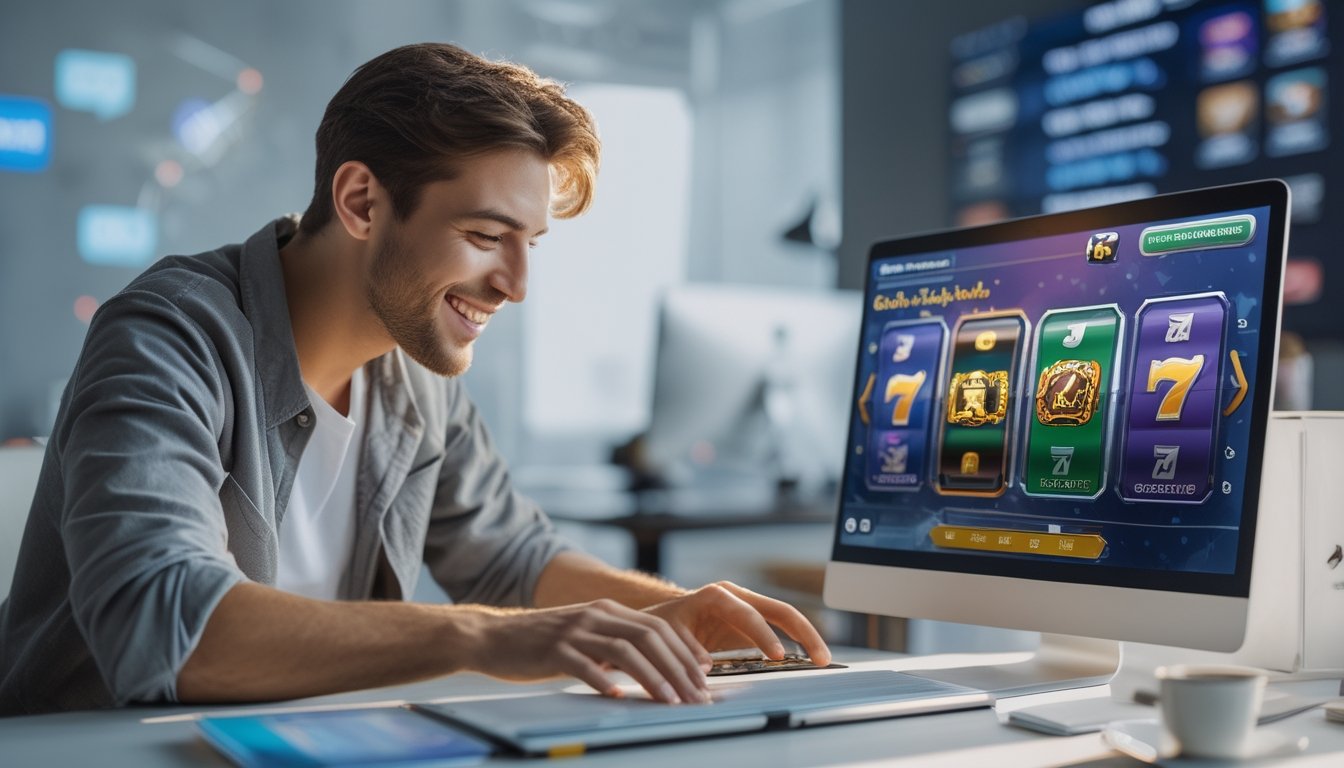 Seseorang muda sedang mendaftar di situs slot online resmi menggunakan laptop di meja kerja yang rapi.
