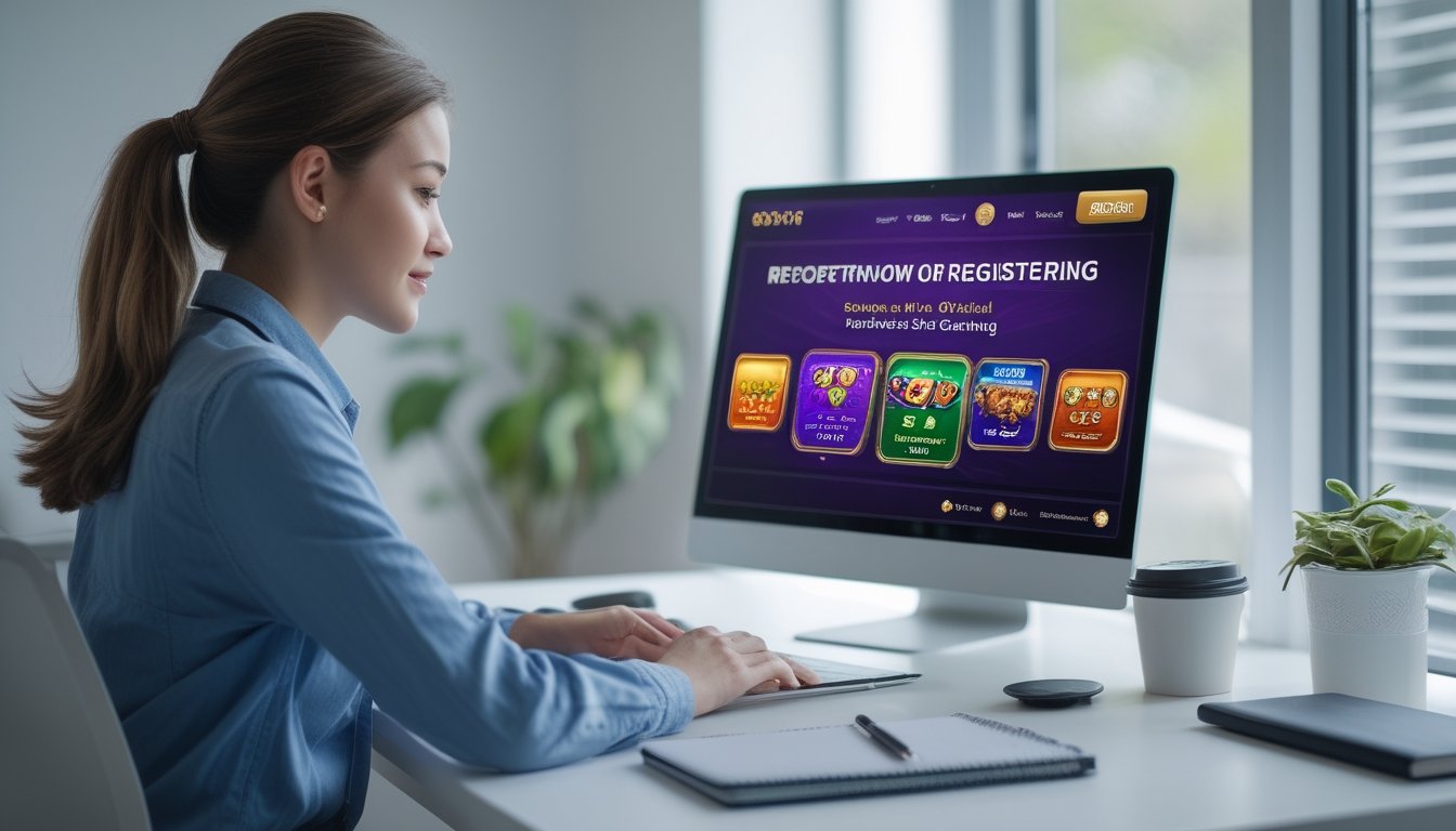 Seseorang sedang mendaftar di situs slot resmi menggunakan laptop di meja kerja yang rapi.