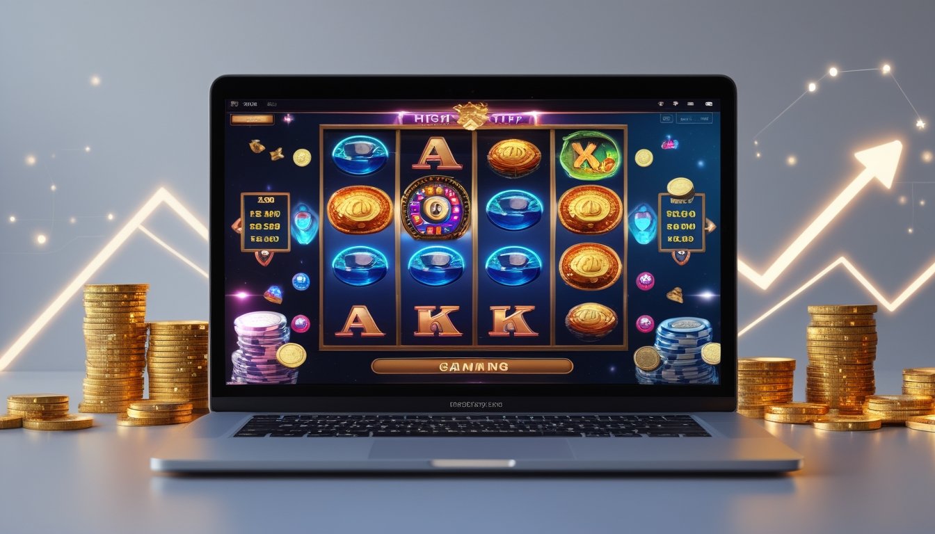 Layar komputer menampilkan permainan mesin slot dengan simbol kemenangan, dikelilingi oleh koin dan grafik naik yang menunjukkan keuntungan.
