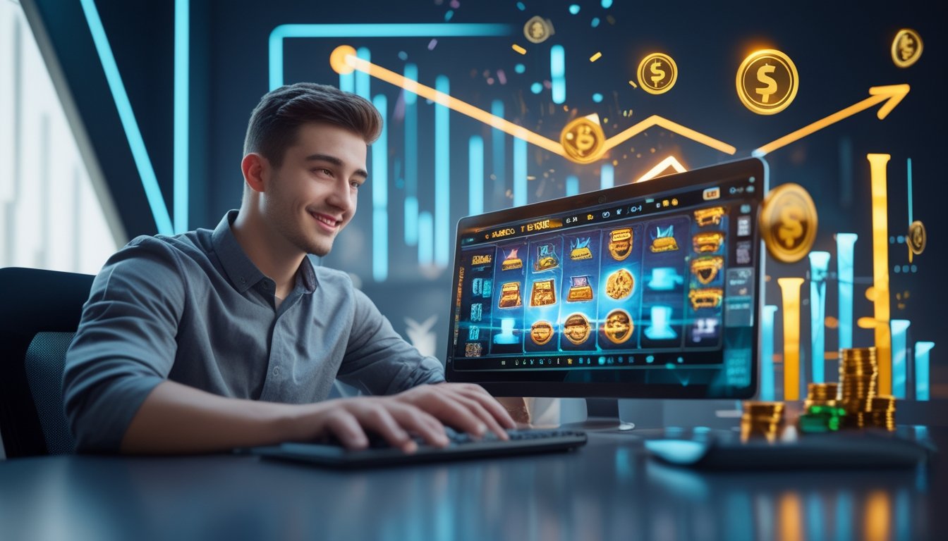 Seorang pria muda duduk di meja dengan laptop yang menampilkan permainan slot online, dikelilingi ikon digital dan grafik yang menunjukkan keuntungan tinggi.