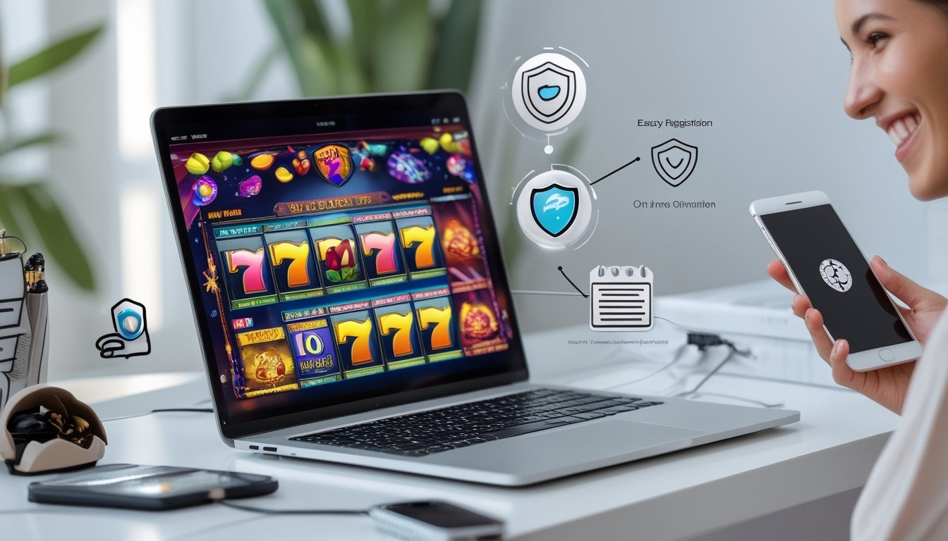 Seorang pengguna tersenyum menggunakan laptop dan ponsel di meja kerja dengan tampilan permainan slot online di layar.