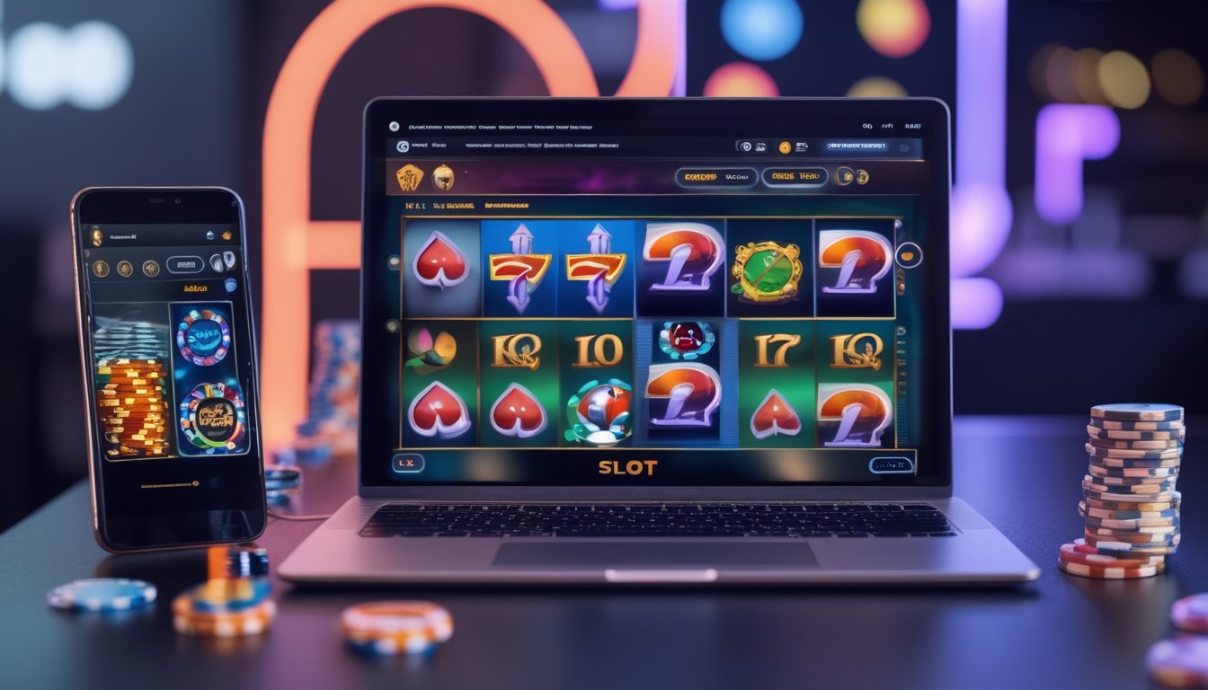 Sebuah meja kerja dengan laptop dan smartphone yang menampilkan permainan slot online, dikelilingi oleh elemen kasino seperti chip dan dadu.
