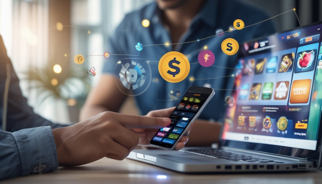 Seseorang menggunakan ponsel dan laptop untuk mendaftar permainan slot online dengan dompet digital tanpa rekening bank.