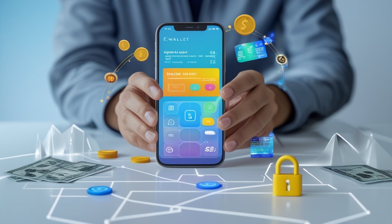 Seseorang memegang ponsel yang menampilkan antarmuka dompet digital dengan ikon transaksi, di latar belakang terdapat simbol keamanan dan elemen digital yang menggambarkan pembayaran elektronik.