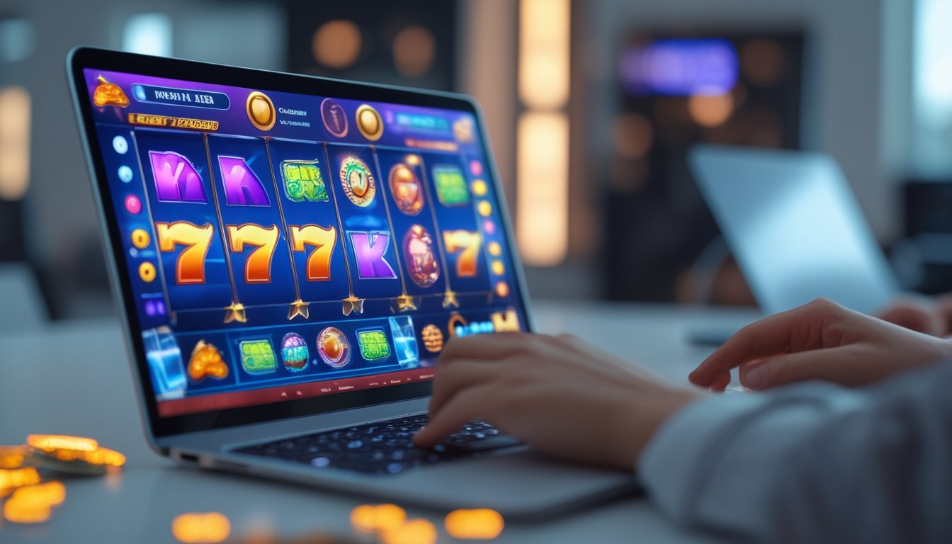 Tangan seseorang menggunakan laptop yang menampilkan permainan slot dengan simbol warna-warni di layar.