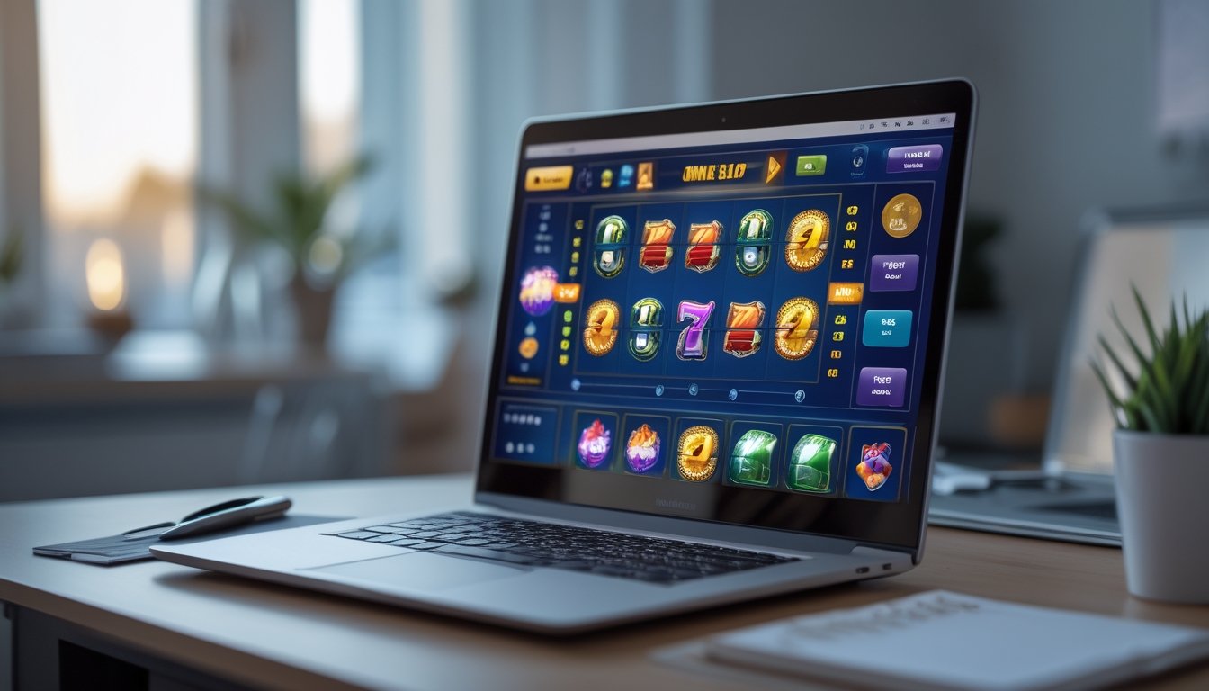 Seorang pria duduk di meja dengan laptop yang menampilkan permainan slot online, di sampingnya terdapat buku catatan dan pena di ruangan kantor rumah yang nyaman.