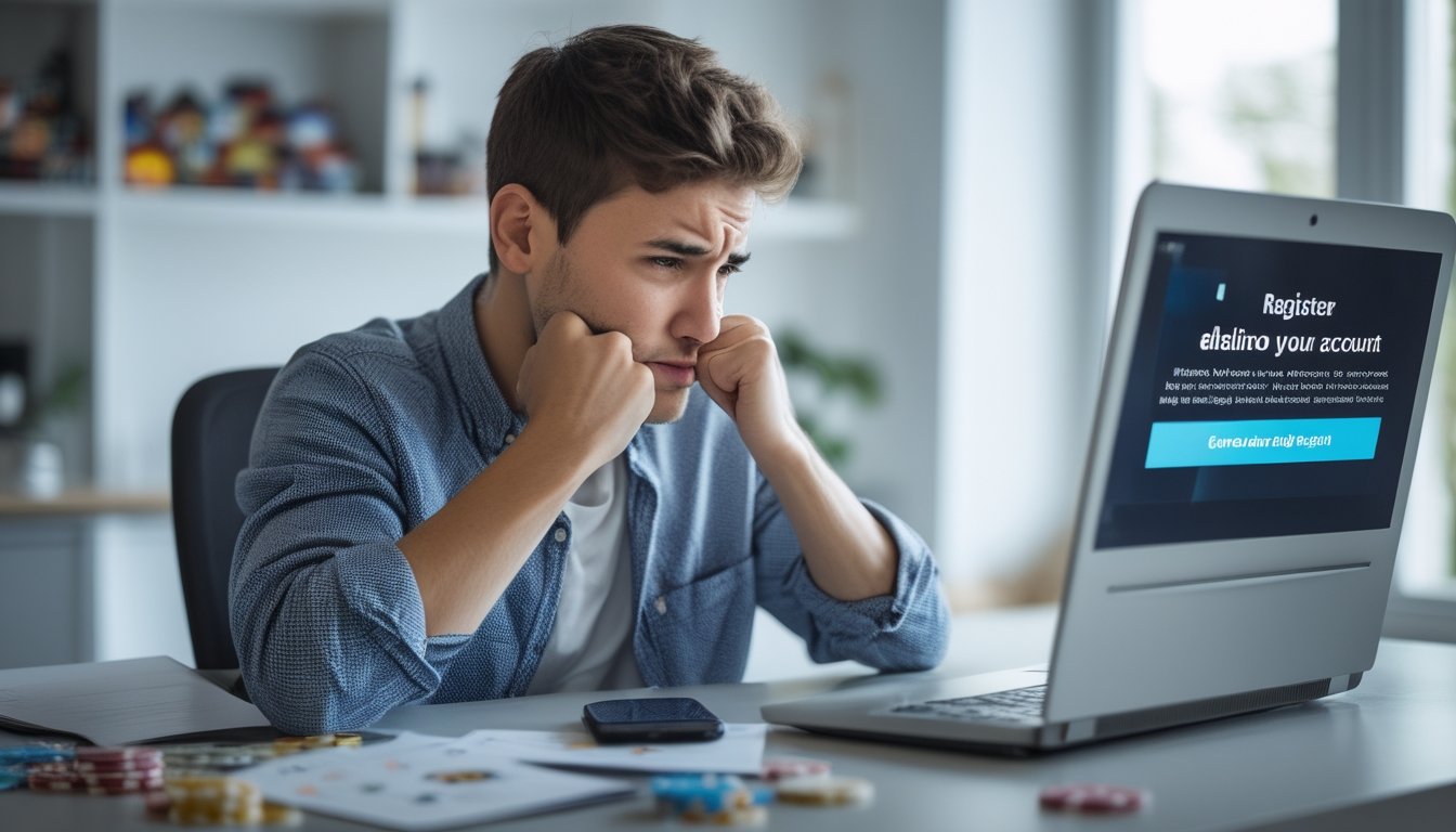 Seorang dewasa muda duduk di meja dengan laptop terbuka, terlihat frustrasi saat mencoba mendaftar akun di situs slot online.