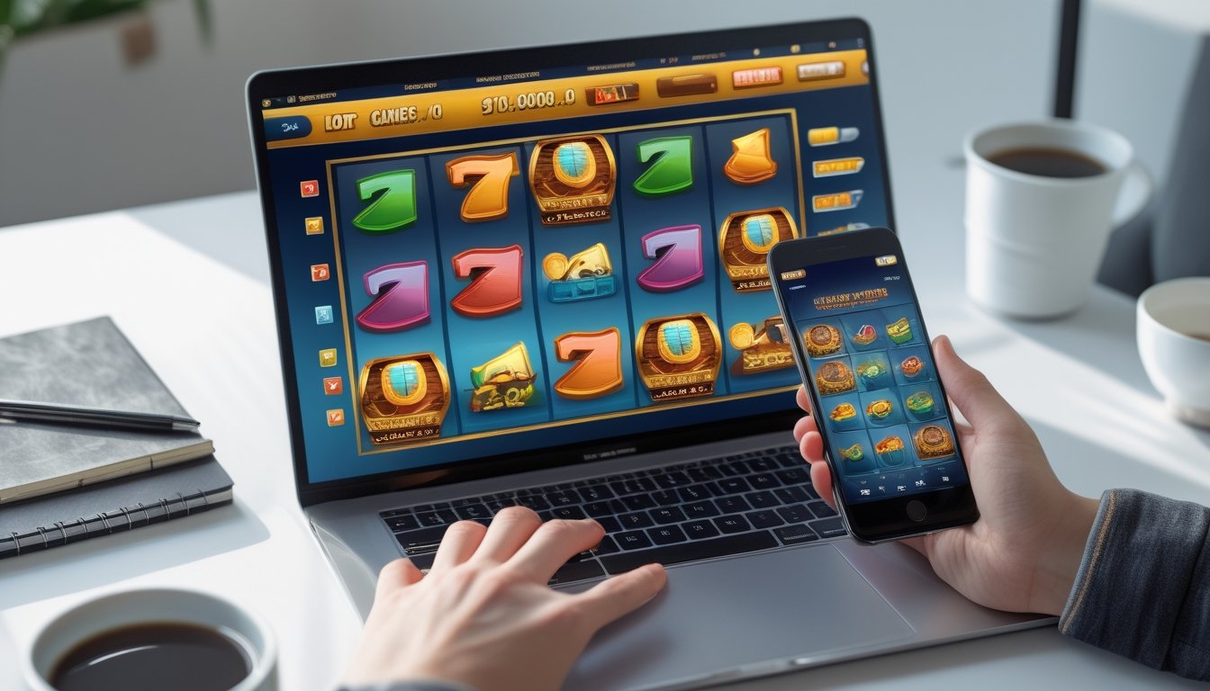 Seorang pengguna sedang bermain permainan slot online di laptop dan ponsel di meja kerja yang rapi dengan suasana rumah yang nyaman.