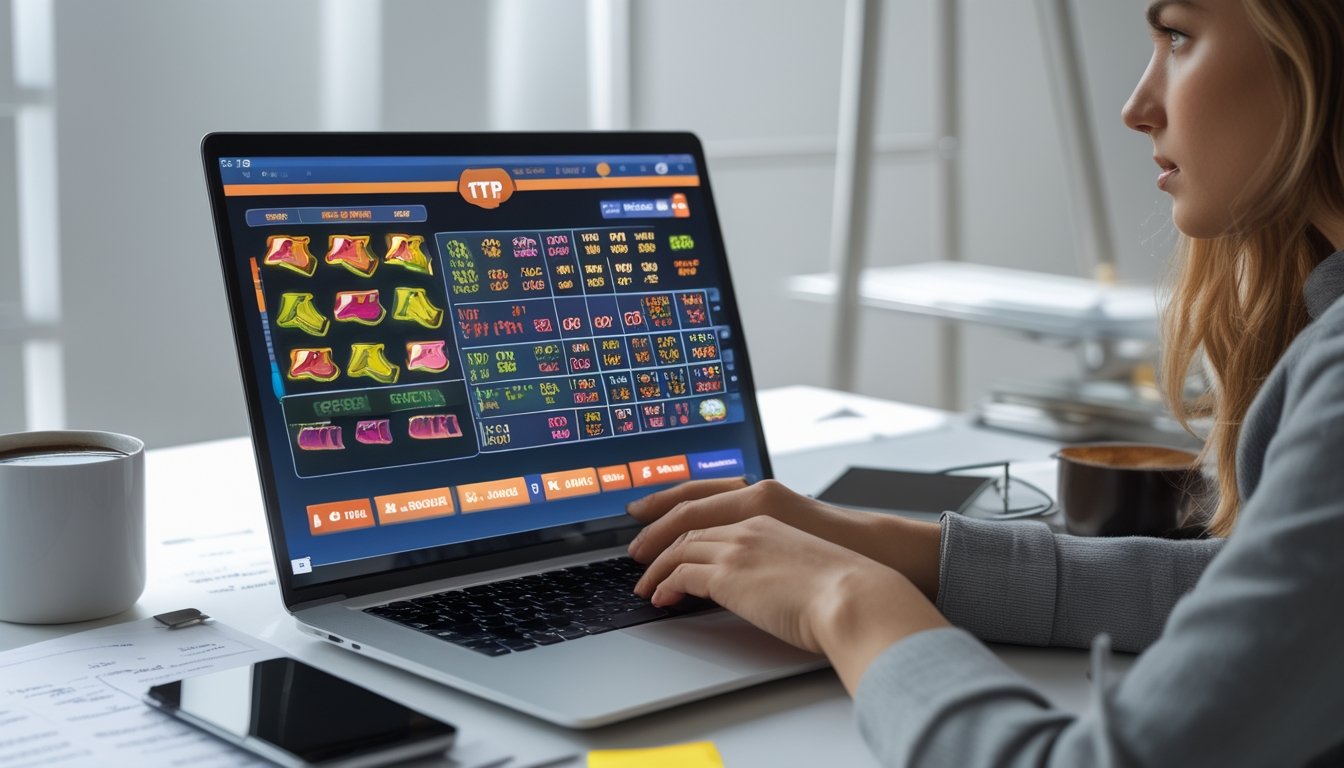 Seseorang sedang menganalisis data slot mesin di depan laptop dengan grafik dan catatan di meja kerja.