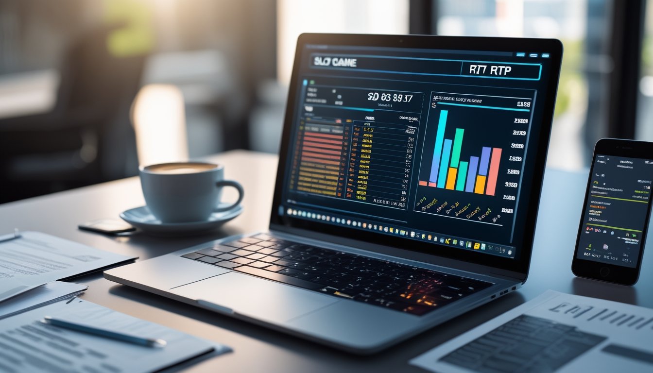 Seseorang sedang bekerja dengan laptop yang menampilkan grafik dan data statistik slot, dikelilingi dokumen dan ponsel di meja kerja.