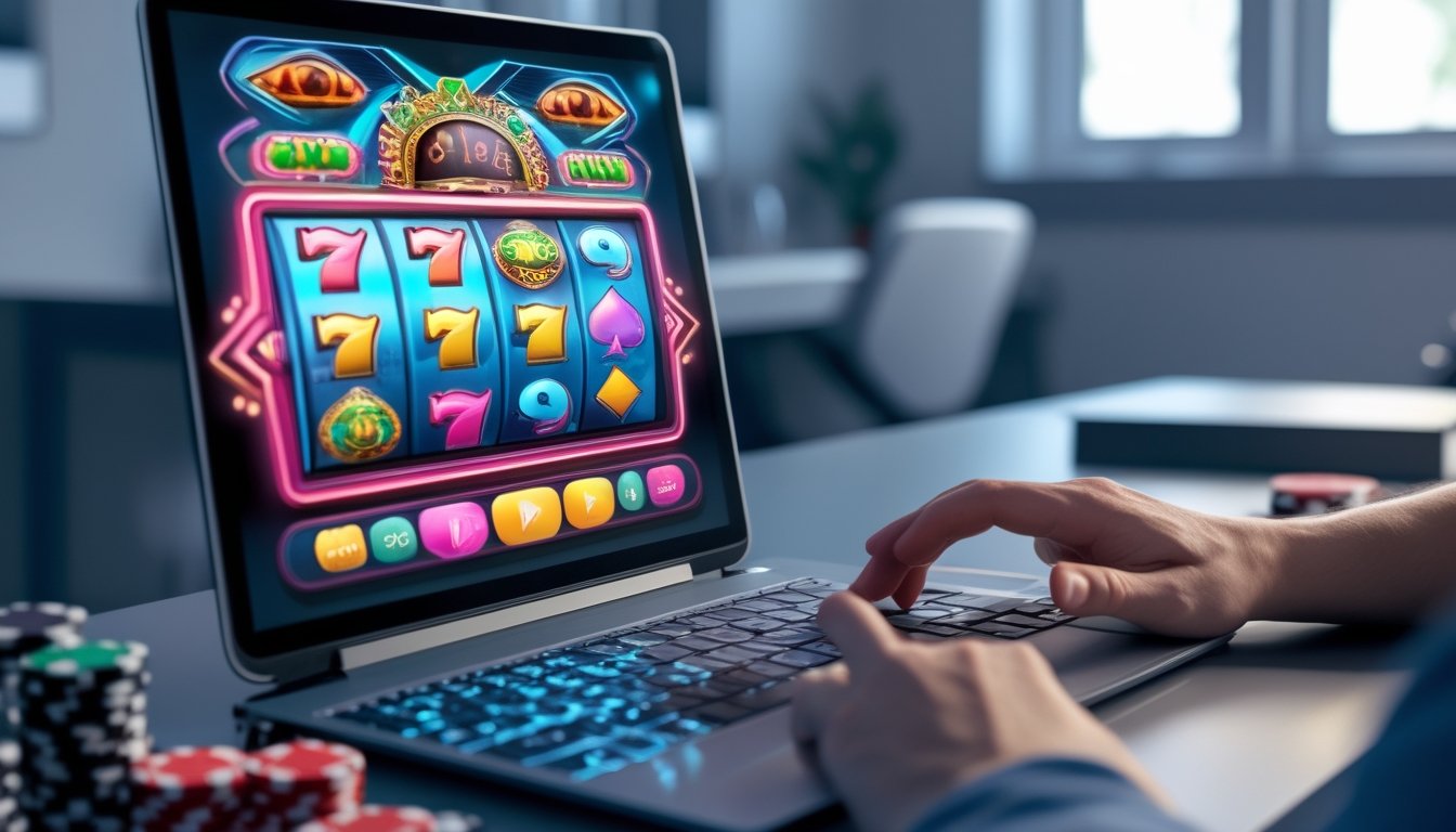 Seorang pengguna bermain permainan slot di komputer dengan latar meja yang rapi dan elemen kasino di sekitarnya.