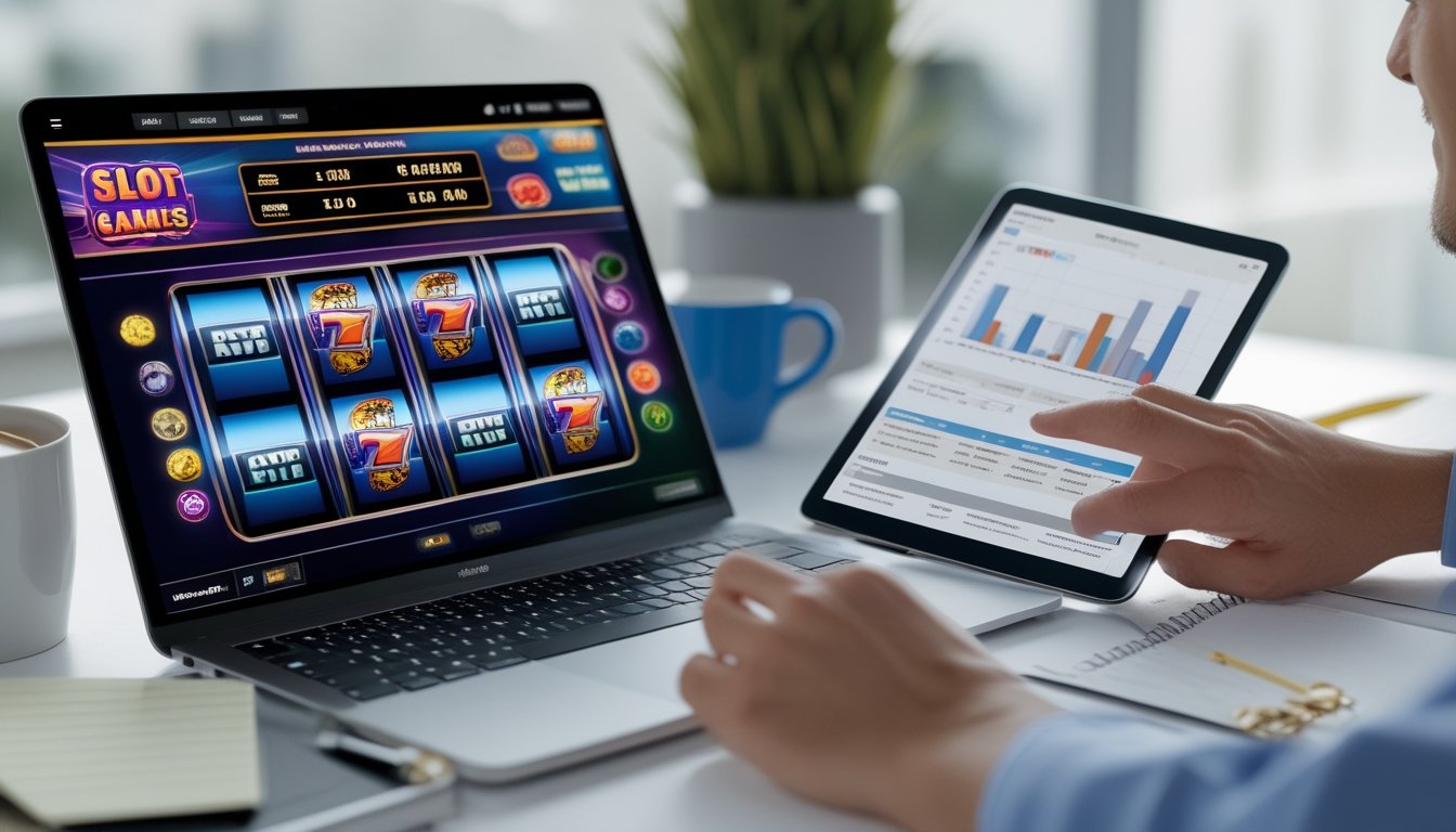Seorang pria sedang menggunakan laptop dan tablet di meja kerja, memperhatikan permainan slot online dan data statistik RTP sebelum memulai taruhan.
