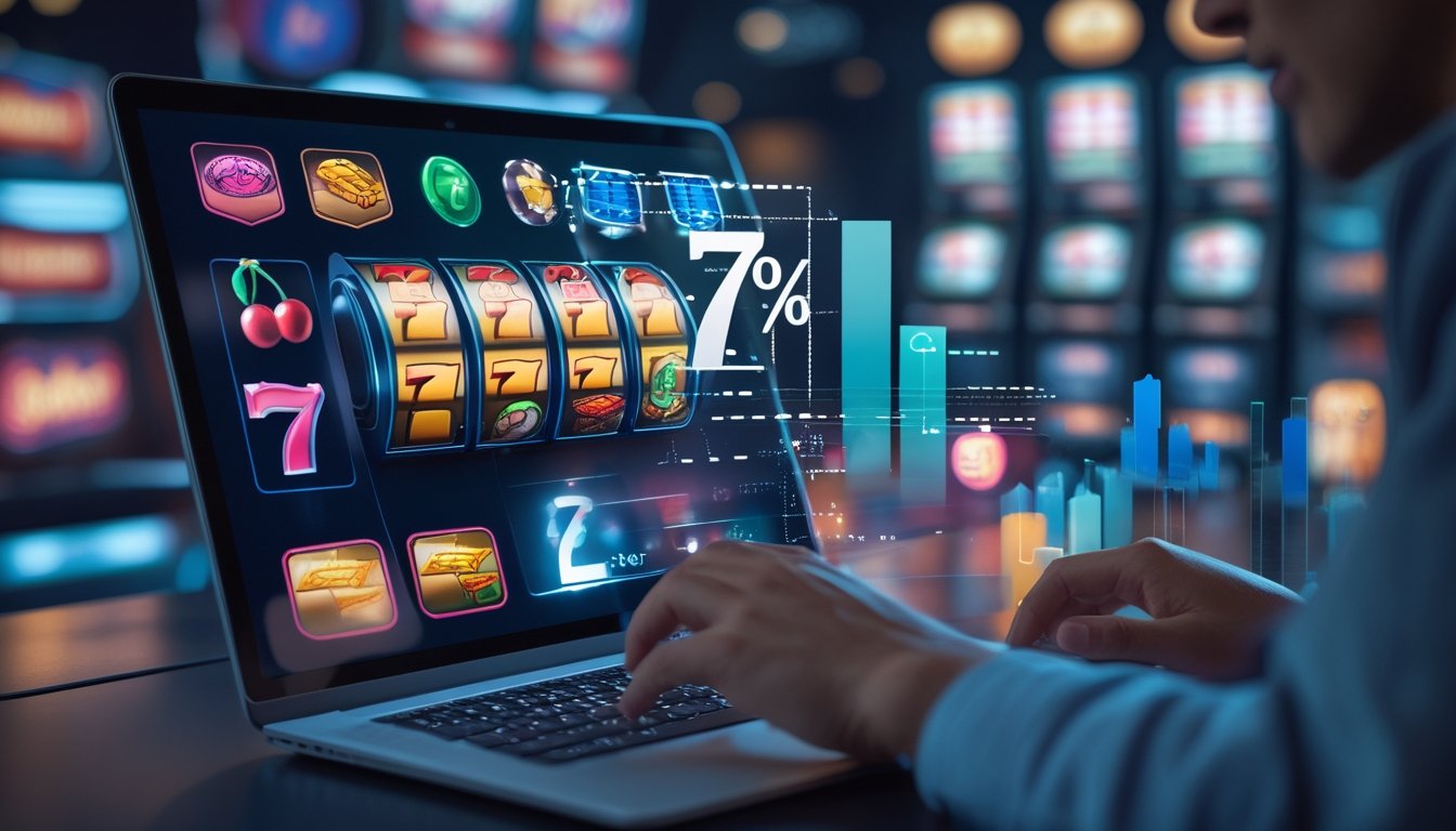 Seorang pengguna fokus bermain permainan slot online dengan tampilan layar yang menampilkan simbol mesin slot dan persentase RTP.
