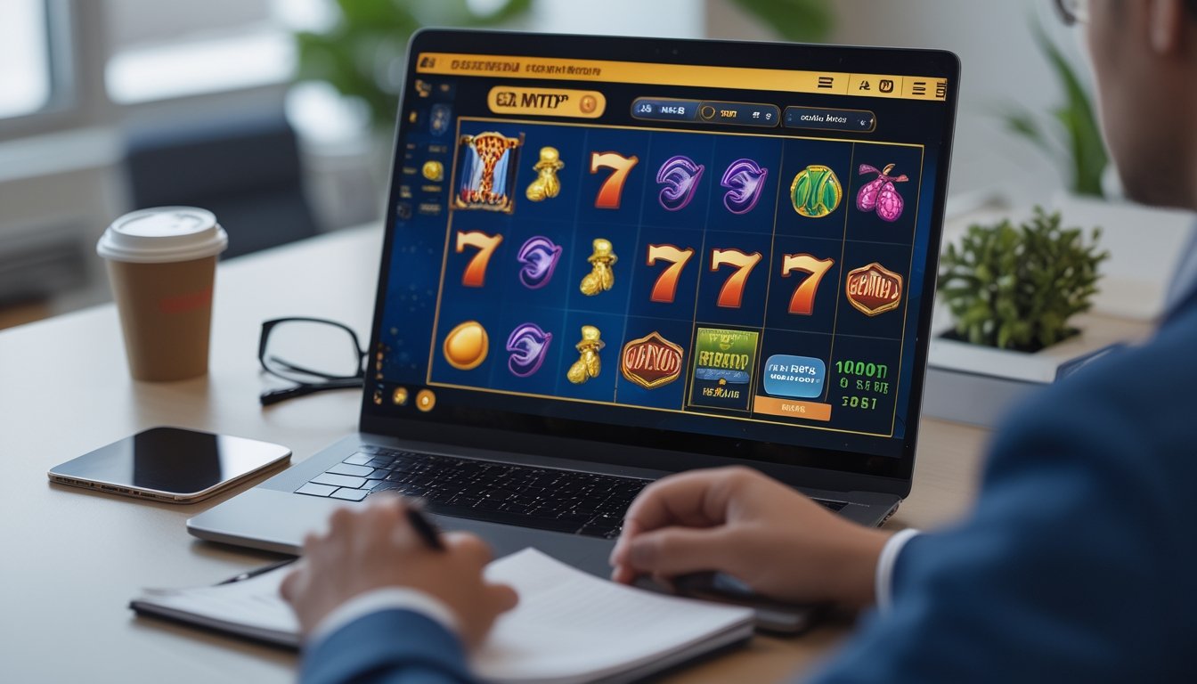 Seseorang menggunakan komputer dengan layar menampilkan permainan slot dan menghitung data di meja kerja yang rapi.