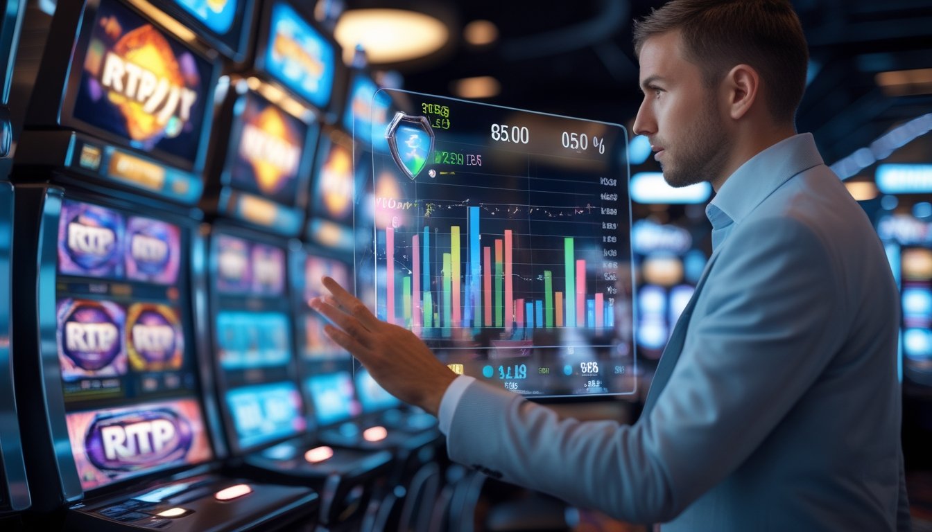 Seorang individu sedang menganalisis data RTP permainan slot di depan mesin slot digital dalam suasana kasino modern.