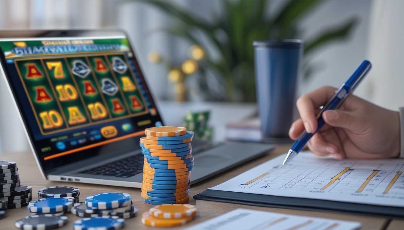 Meja kerja dengan laptop yang menampilkan permainan slot, tumpukan chip poker, dan tangan seseorang yang sedang mencatat di buku catatan.