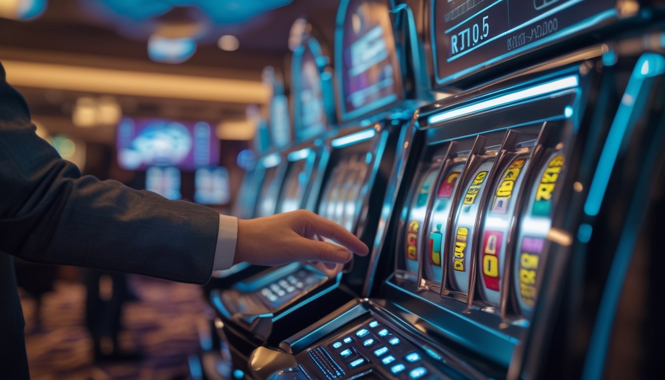 Seorang pemain sedang menggunakan mesin slot di kasino dengan latar belakang grafik digital yang menampilkan data statistik.