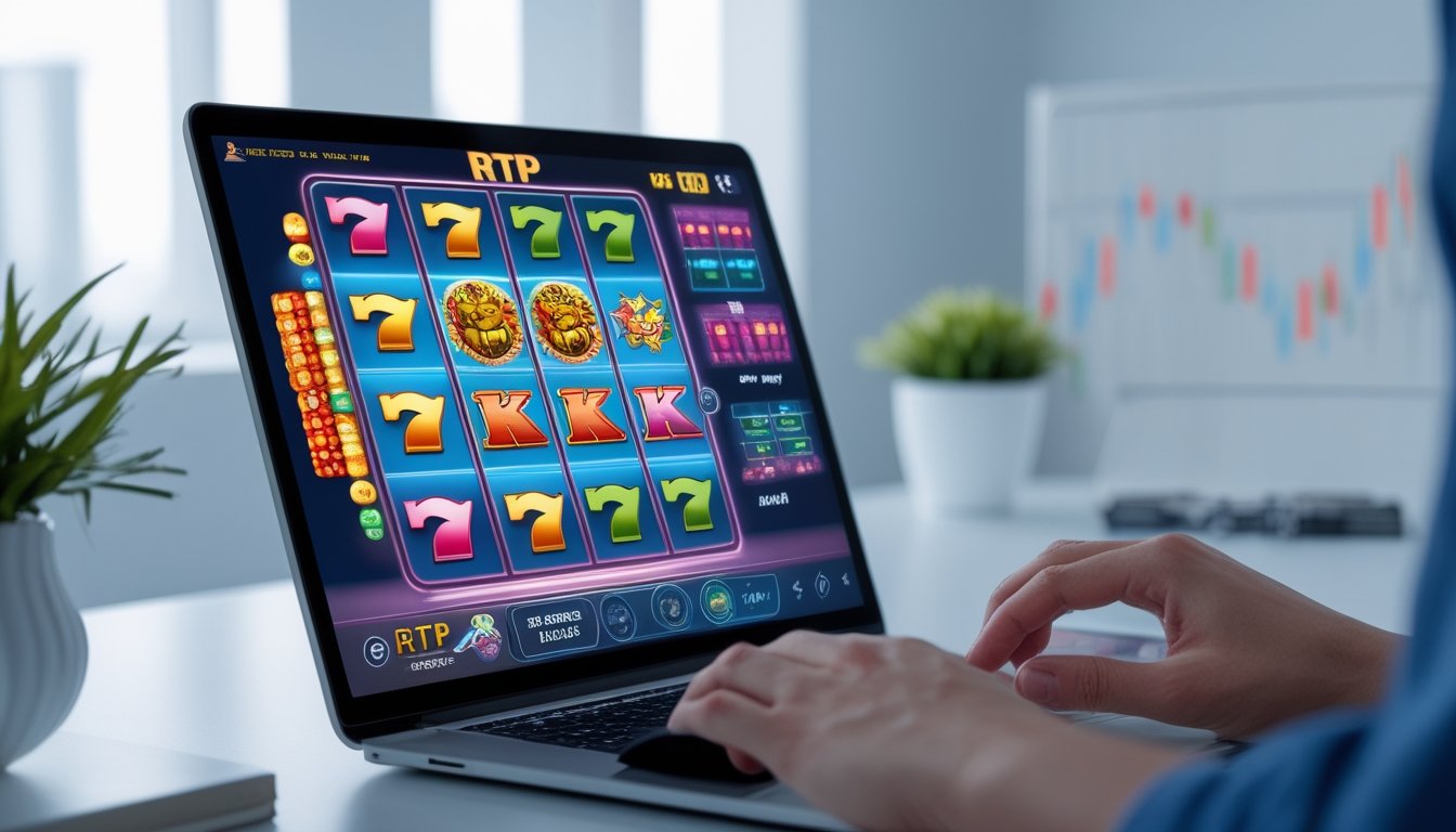 Seseorang bermain slot online di komputer dengan layar menampilkan permainan slot dan grafik data di latar belakang.