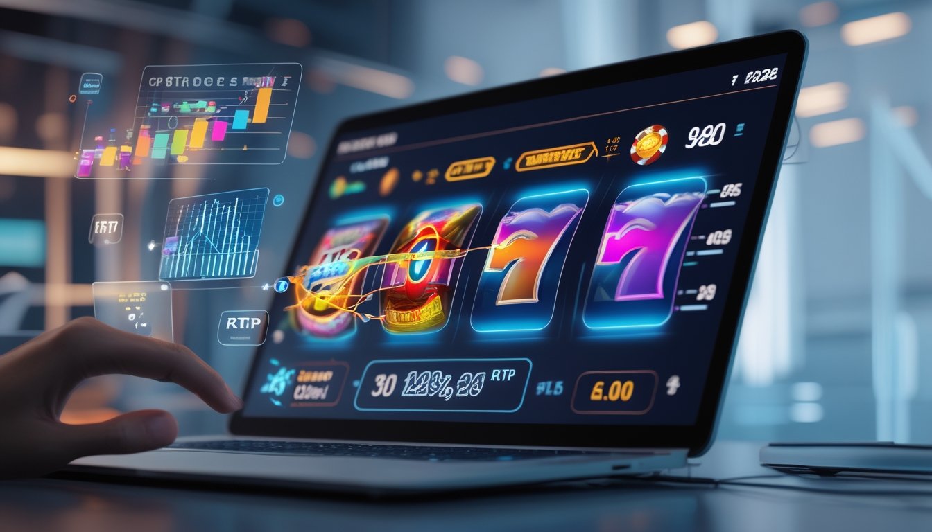 Layar komputer menampilkan permainan mesin slot dengan grafik berwarna-warni dan simbol yang berputar, dikelilingi oleh elemen data dan grafik yang menggambarkan statistik RTP terbaru.