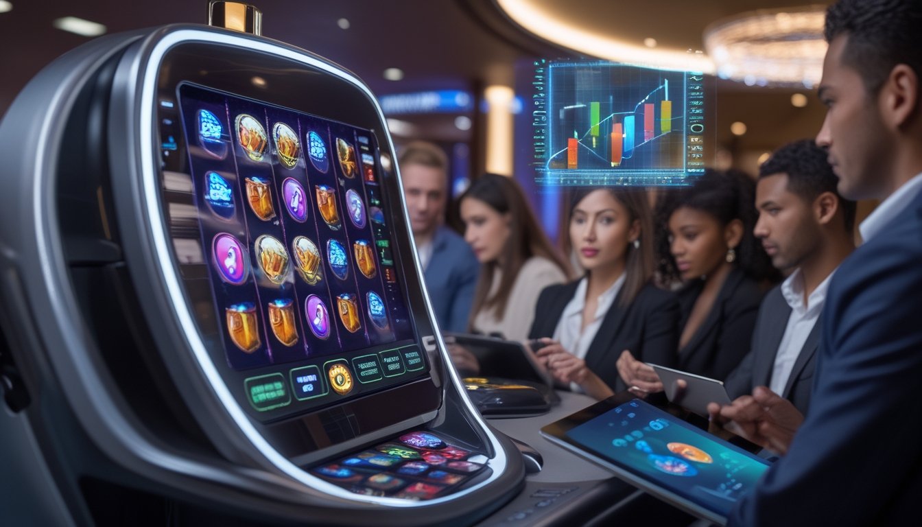 Orang-orang di kasino modern sedang menggunakan mesin slot dengan layar berwarna-warni dan grafik data mengambang di latar belakang.