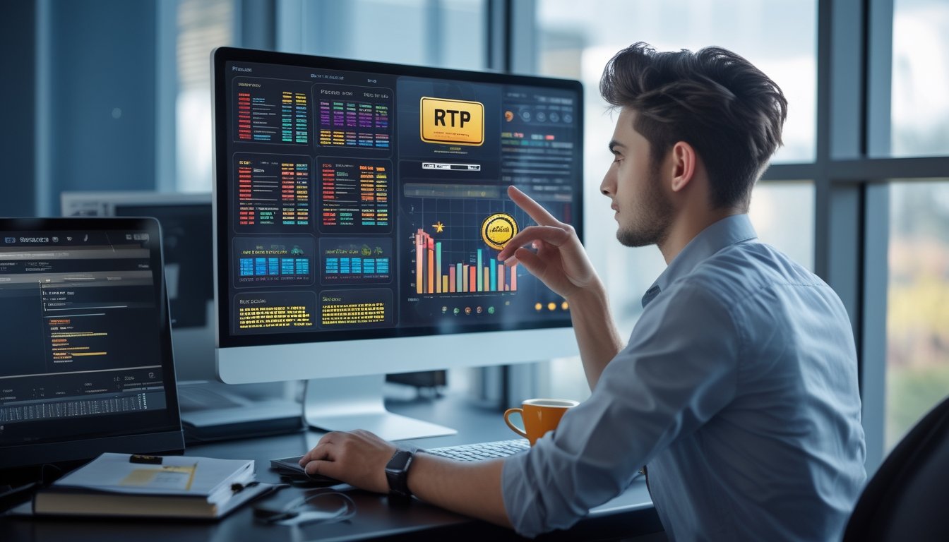 Seorang profesional muda sedang menganalisis data pada layar komputer di sebuah kantor modern.