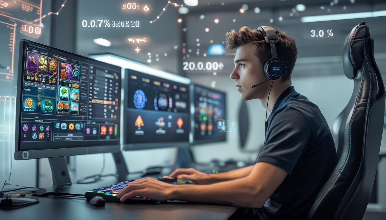 Seorang pria muda duduk di depan beberapa monitor komputer yang menampilkan permainan slot online dan grafik statistik, terlihat fokus dan serius dalam suasana kantor modern.