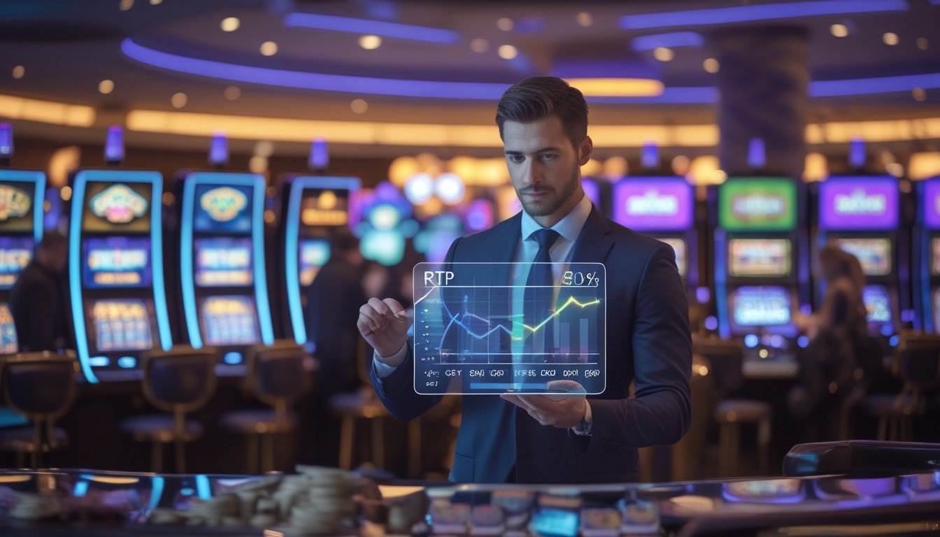 Seorang profesional sedang melihat data di tablet digital di depan mesin slot di dalam kasino.