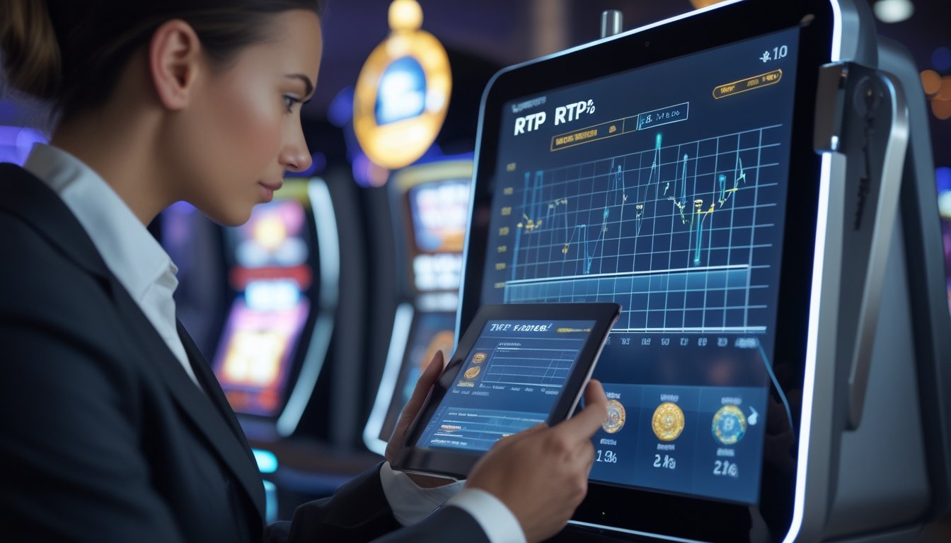 Seorang profesional sedang menganalisis data RTP mesin slot digital di kasino modern.