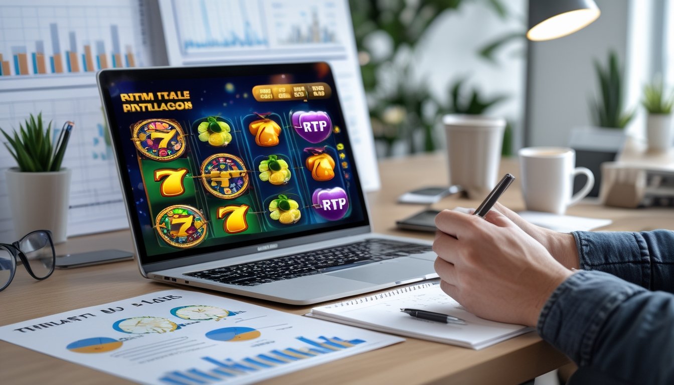 Seorang pria sedang menggunakan laptop dengan tampilan permainan slot online dan mencatat di notepad di meja kerja dengan grafik dan dokumen di sekitarnya.