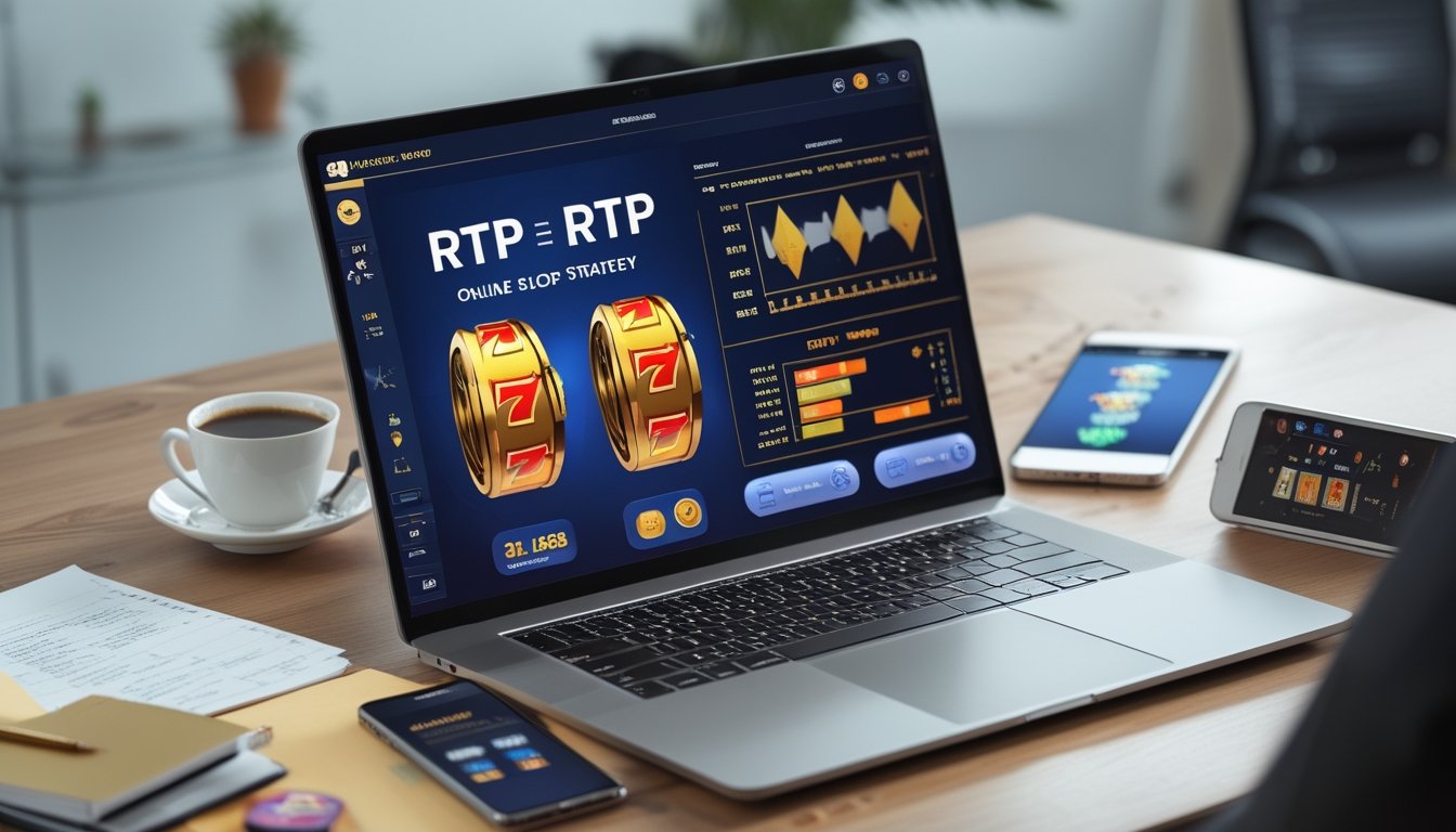 Sebuah ruang kerja modern dengan laptop yang menampilkan grafik slot dan statistik RTP, dikelilingi catatan, kopi, dan ponsel dengan permainan slot, menunjukkan suasana perencanaan strategi bermain slot online.