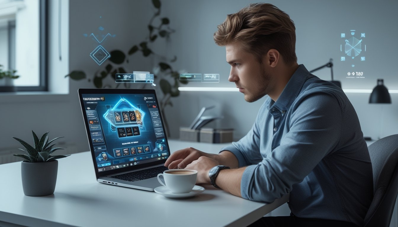 Seorang pria muda duduk di meja modern sambil fokus melihat layar laptop yang menampilkan permainan kartu online.