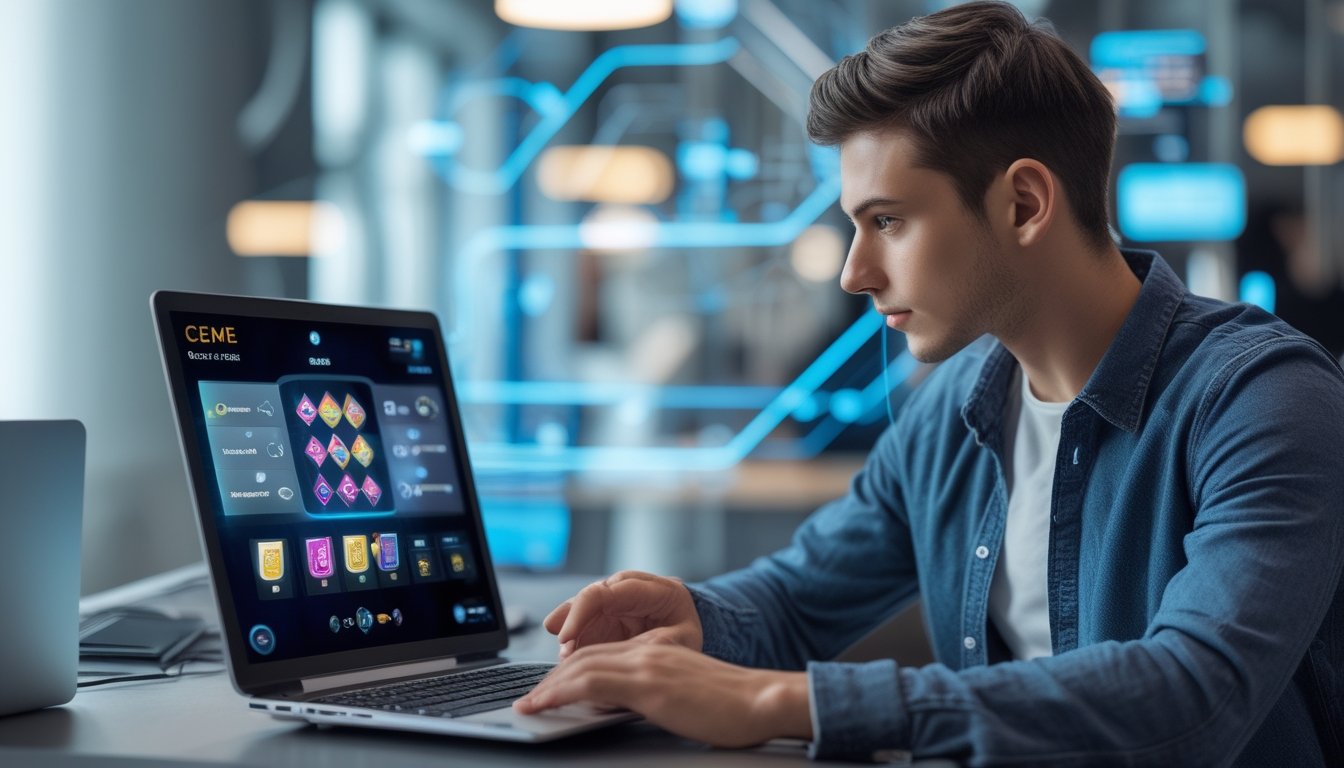 Seorang dewasa muda sedang bermain permainan kartu Ceme online di perangkat digital di sebuah ruang kerja modern.