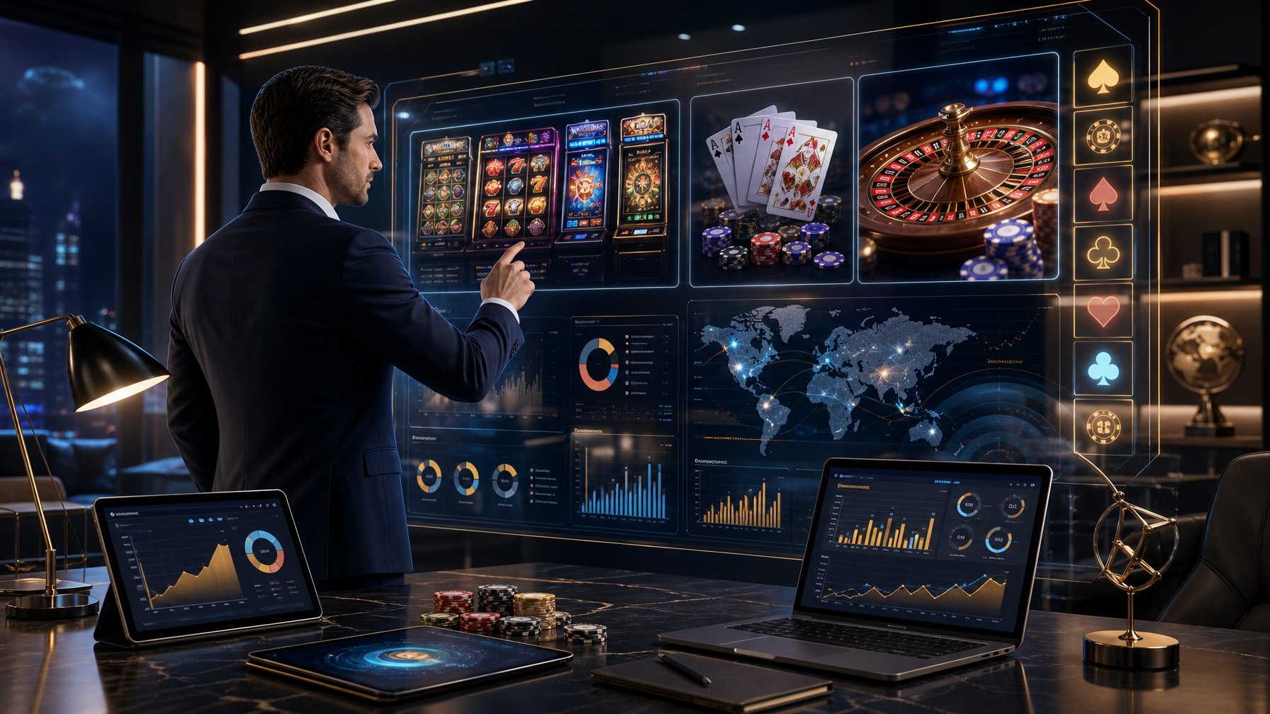A Business Professional Reviewing Casino Game Data On Digital Screens In A Modern Office Setting With CasinoThemed Visuals And Charts.