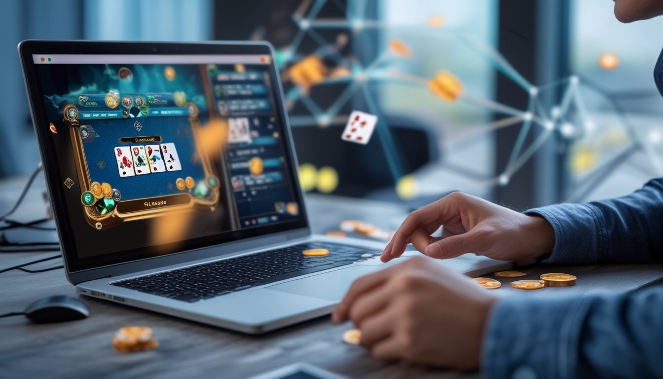 Seorang pria atau wanita sedang bermain permainan kartu online Ceme di depan laptop di ruang kerja modern.