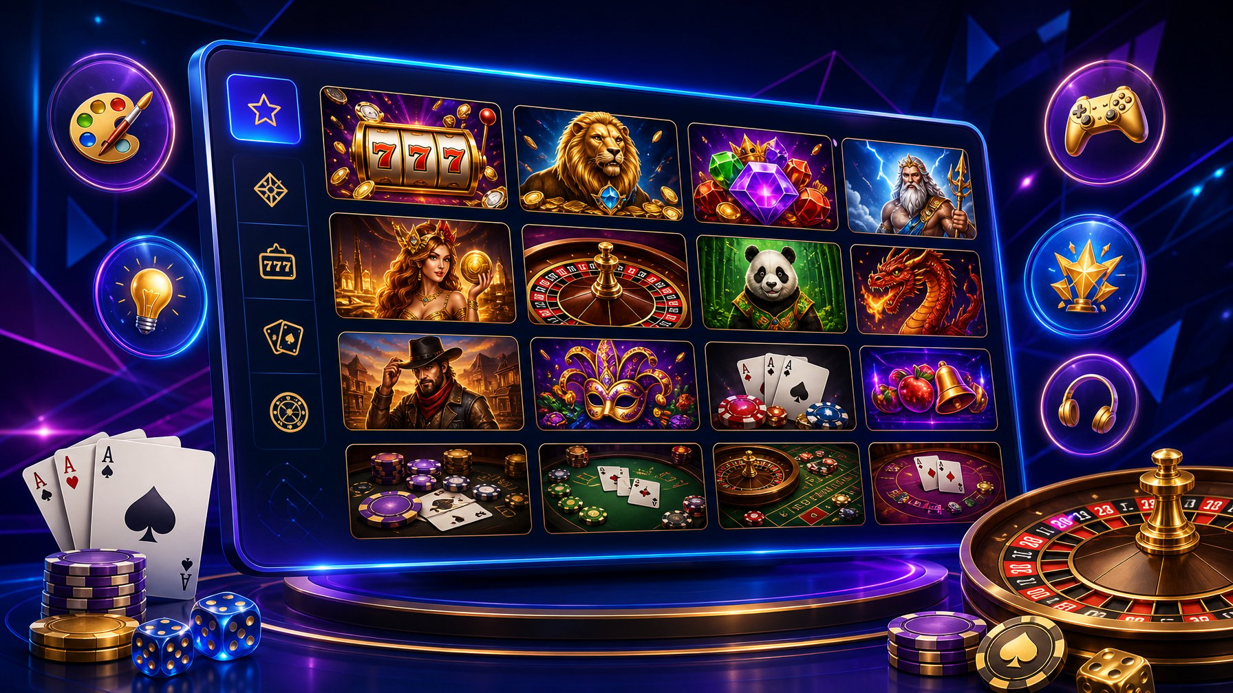 A Digital Interface Displaying A Variety Of Casino Game Thumbnails Including Slots, Cards, And Roulette, Surrounded By Colorful Icons And Abstract Shapes Representing Game Design.